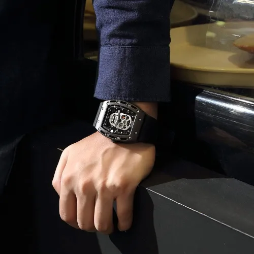 Vista 3 de Mini Focus Unique Men Watch Tonneau Casual Wrist Watch (HollowWaterproofSuper LuminousCalendar) Soft Silicon Band Fashion Cool Watch for Men