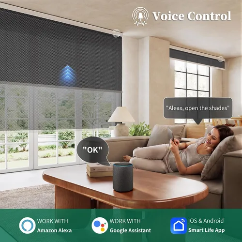 Vista 4 de Motorized Light Filtering Shades Compatible with Alexa Google Smart Blinds Automatic Window Shade Remote Control 70% Blackout Sunny Black