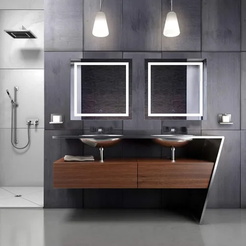 Vista 4 de Krugg Espejo de baño LED cuadrado de 24 x 24 pulgadas Espejo de tocador iluminado incluye atenuador y desempañador Montaje en pared vertical u