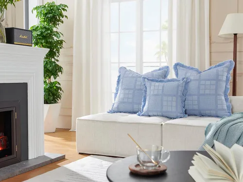Vista 3 de Juego de 2 fundas de almohada de algodón con diseño de gofre de 24 x 24 pulgadas, fundas decorativas cuadradas europeas decorativas para sofá