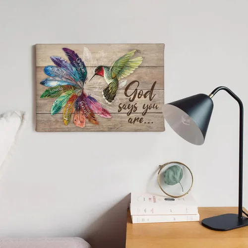 Vista 7 de Arte de pared de colibrí cristiano con texto en inglés "God says you ers", impresiones en lienzo, pintura rústica de pájaros de campo, obras de arte