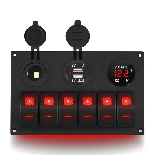 Vista 7 de DaierTek Panel de interruptores basculantes marinos de 6 bandas, impermeable, 12 voltios, panel de interruptor de palanca de barco de 12 V con luz