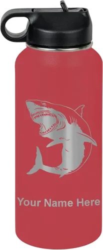 Vista 37 de LaserGram Botella de agua personalizada, gran tiburón blanco, acero inoxidable de doble pared aislada al vacío con popote superior, regalo grabado