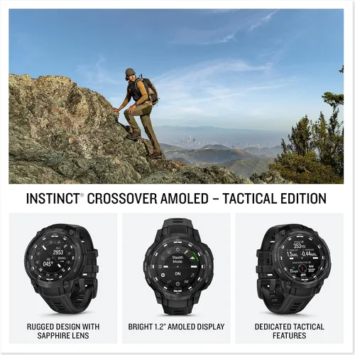 Vista 3 de PlayBetter Garmin Instinct Crossover AMOLED Tactical (negro) Caja de regalo de reloj inteligente GPS para exteriores, pantalla analógica
