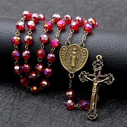 Vista 31 de KOMI Rosario de cuentas católicas para mujer, collar de cuentas de rosario con cruz de crucifijo, perlas de cristal, rosario, rosarios, católicos