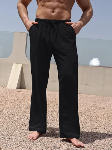 Vista 2 de WOWULOVELY Pantalones casuales de lino de algodón para hombre, holgados, ligeros, con cintura elástica, pantalones de yoga, playa, bolsillos