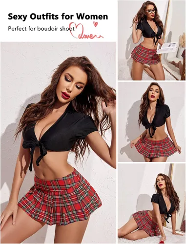 Vista 2 de Avidlove Lencería para mujer, ombliguera con lazo, camisa de cosplay, manga corta, bolero, cárdigan