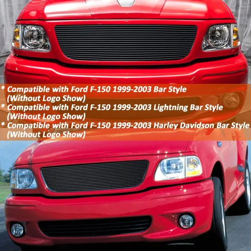 Vista 2 de Inserto de parrilla frontal de aluminio con estilo barra compatible con Ford F-150/Lightning/Harley Davidson 1999-2003 (sin logotipo visible)