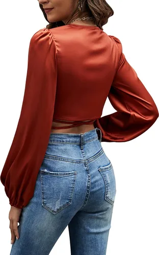 Vista 2 de LYANER Blusa corta de manga larga con cuello en V y lazo cruzado para mujer