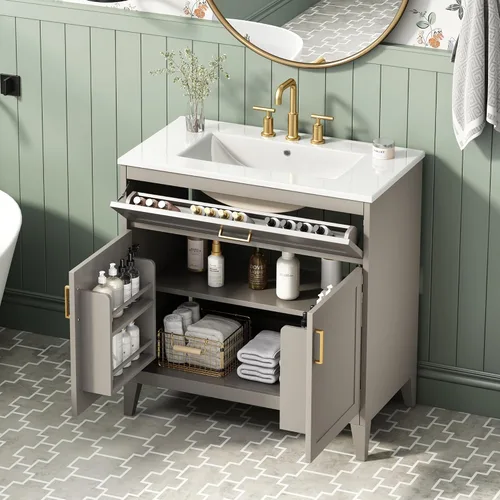 Vista 14 de Harper & Bright Designs Tocador de baño de 24 pulgadas con lavabo, juego de tocador independiente con 4 cajones, estantes de almacenamiento y Negro