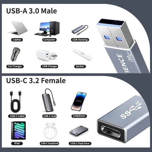 Vista 7 de Adaptador USB a USB C de doble cara de 10 Gbps, adaptador tipo C hembra a USB 3.2 macho, carga rápida de 60 W para iPhone 16 15 14 Plus Pro Max