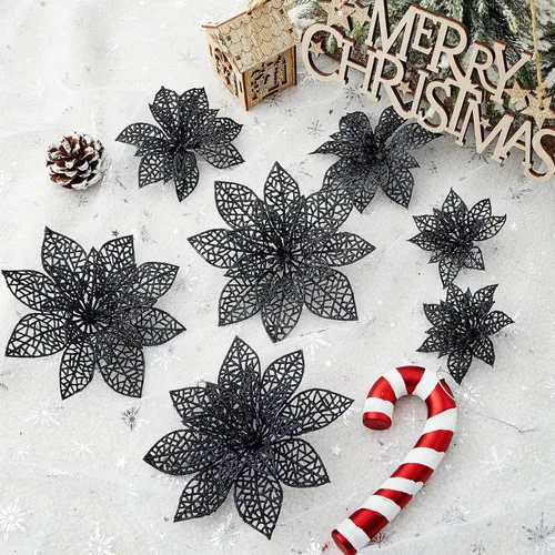 Vista 3 de Wironlst 24 piezas de flores de pascua con purpurina para árbol de Navidad, arbustos de nochebuena brillantes, decoraciones de Navidad para Navidad