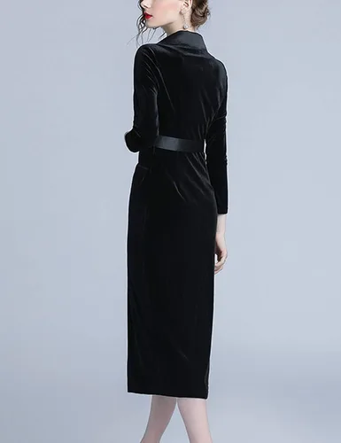 Vista 3 de DBM - Vestido plisado para mujer de manga larga solapa y doble pecho