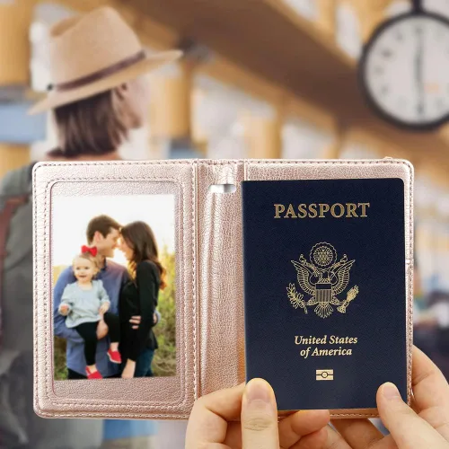 Vista 3 de Soporte para pasaporte y tarjetero de vacuna, cartera para pasaporte, funda para pasaporte con bloqueo RFID, Oro Rosa, Compacto