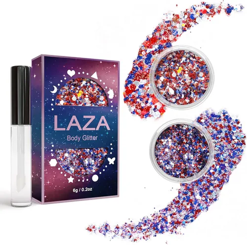 Vista 10 de Laza Purpurina corporal, 2 tarros de lentejuelas gruesas holográficas con pegamento de purpurina, perfecto para mujeres, sombra de ojos, maquillaje