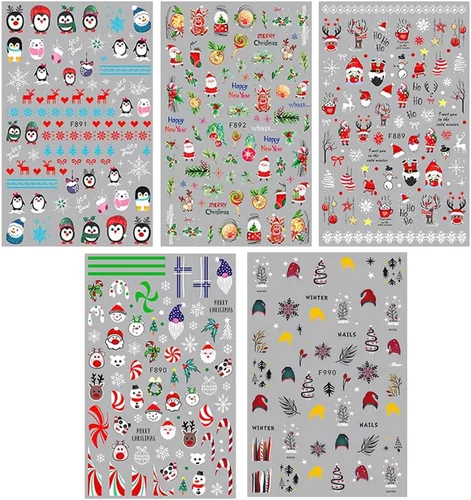 Vista 3 de 10 calcomanías de uñas de Navidad de invierno para mujeres, dibujos animados 3D, alce, muñeco de nieve, campanas de Papá Noel, copo de nieve