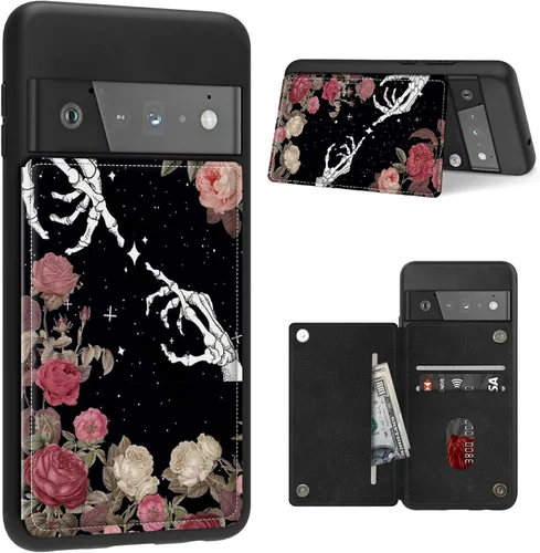 Vista 28 de Funda para Google Pixel 6 Pro con ranura para tarjetero, funda de piel sintética, doble cierre magnético y cubierta duradera de poliuretano girasol