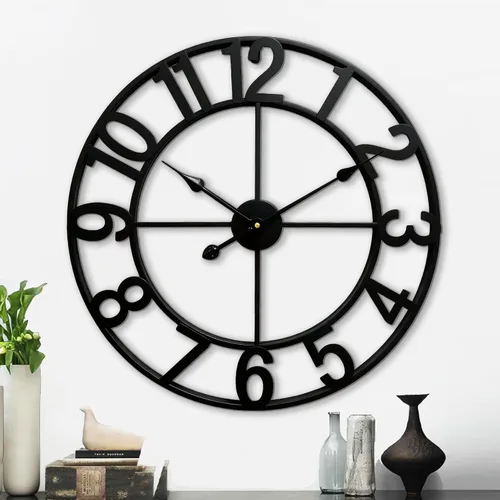 Vista 9 de CLXEAST Relojes de pared de 24 pulgadas para decoración de sala de estar, reloj de pared grande de metal negro que funciona con pilas Número arábigo