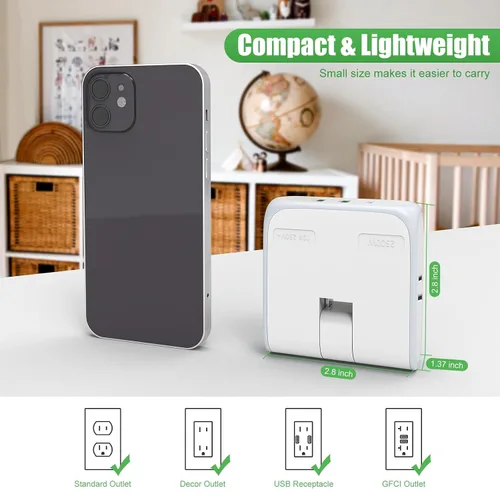 Vista 4 de Extensor de salida de pared plana con puertos de carga USB, tira de alimentación giratoria de 180°, 2 puertos USB, enchufe plegable de 2 clavijas