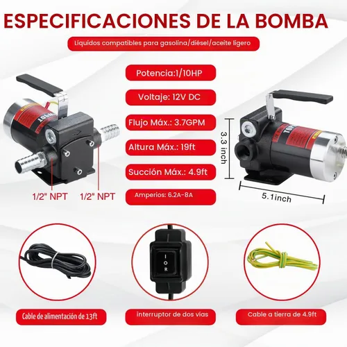 Vista 3 de TOPWAY Bomba de combustible de gasolina de 12 V CC, bomba de transferencia de aceite autocebante de 3.7 GPM con mango, bombeo reversible, protección