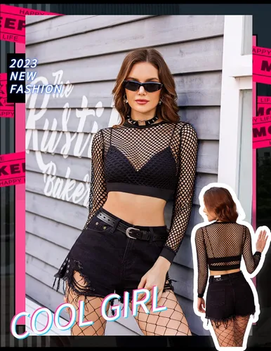 Vista 5 de Avidlove Fishnet Top for Women Fishnet Crop Top Long Sleeve Fishnet Shirt Fishnet Long Sleeve Top