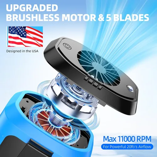 Vista 3 de Zeadio Ventilador portátil con clip de cintura, 4 velocidades, 10000 mAh, funciona con manos libres, con función de iluminación y carga para Azul