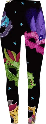 Vista 3 de Leggings de Mardi Gras para mujer, con bloques de color, gráficos, cintura alta, elásticos, para carnaval, festivales, fiestas, pantalones de yoga