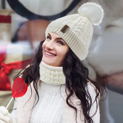 Vista 5 de UOUDIO Conjunto de gorro de punto con pompones para mujer y hombre gorro de esquí de invierno gorro de calavera holgado con forro polar
