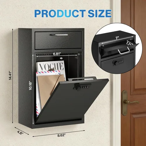 Vista 2 de Caja fuerte de buzón de pared con cerradura para negocios - Caja de seguridad resistente de 1.2mm con código - Caja de seguridad vertical a prueba