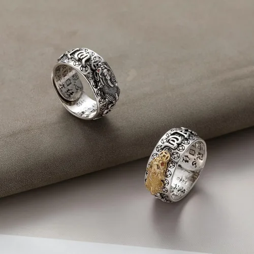 Vista 8 de Vikeney 2 anillos ajustables de mantra Feng Shui Pixiu para hombres y mujeres, amuleto budista de la suerte, mantra, protección cuádruple, riqueza