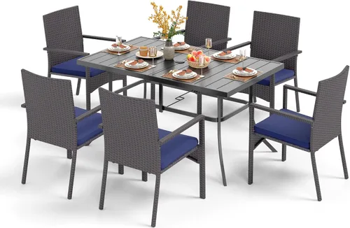 Vista 11 de PHI VILLA Juego de comedor al aire libre de 7 piezas para 6, mesa rectangular de hierro forjado de 152 cm con orificio para sombrilla y sillas