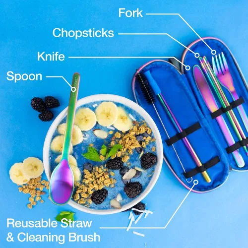 Vista 7 de EcoVessel WANDERWARE - Juego de utensilios de acero inoxidable, juego de cubiertos reutilizables con estuche de transporte, accesorios