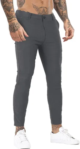 Vista 3 de Pantalones de vestir para hombre, ajustados, elásticos, a cuadros, pierna ajustada