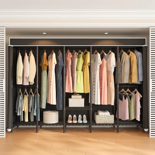 Vista 4 de Higeego Perchero de Ropa Resistente de 94.5" de Ancho con Cubierta, Perchero de Ropa H5C con Estantes Ajustables Armario Closet Independiente