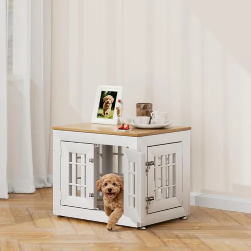 Vista 23 de Snuowu Mueble de jaula de perro resistente de 26 pulgadas para perros pequeños, medianos y grandes, jaula rústica de madera para perros, muebles