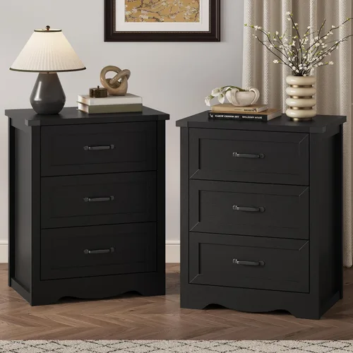 Vista 26 de Mesita de noche con 3 cajones, mesa auxiliar de 61 cm de ancho estilo granja, mesa de noche de madera rústica con asa metálica, cómoda moderna