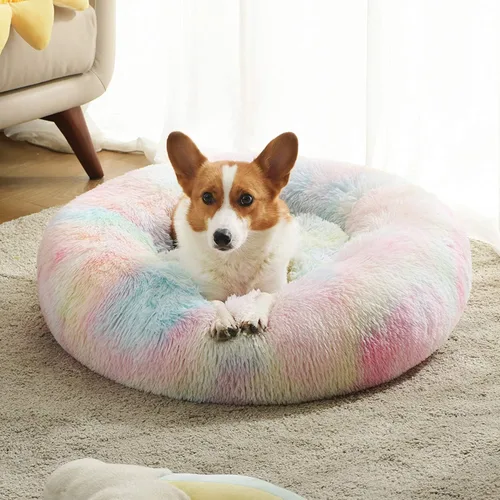 Vista 25 de Cama calmante para perros y gatos, cama antiansiedad, de felpa, con forma de dona, redonda, acolchada, de piel sintética, suave y esponjosa