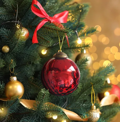 Vista 2 de Juego de 4 adornos de vidrio de mercurio rojo (bola antigua en relieve de 3.15 pulgadas) perfectos para árbol de Navidad, decoración colgante