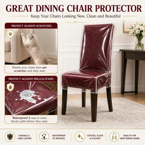 Vista 6 de Paquete de 2 Fundas de Sillas de Plástico, Juego de Fundas Transparentes para Sillas de Comedor, Protector de Asiento Transparente e Impermeable