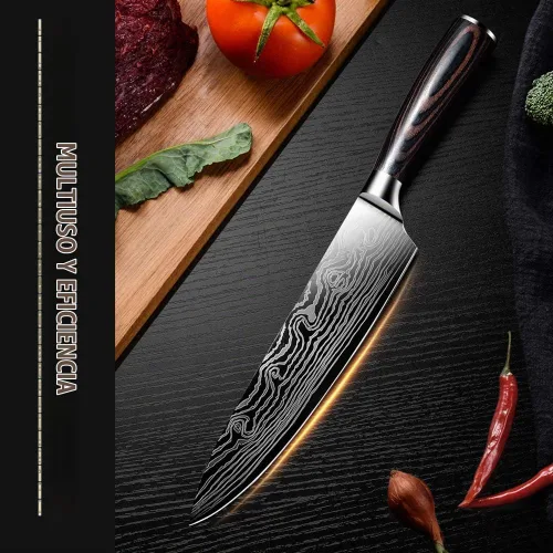 Vista 3 de Cuchillo de chef profesional, cuchillo de cocina profesional de 8 pulgadas, cuchillo alemán de acero inoxidable de alto carbono con mango ergonómico