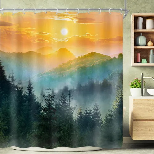 Vista 19 de Riyidecor - Cortina para ducha pequeña de montaña, 36 pulgadas de ancho x 72 pulgadas de alto, para RV, azul marino, con diseño de bosque nebuloso