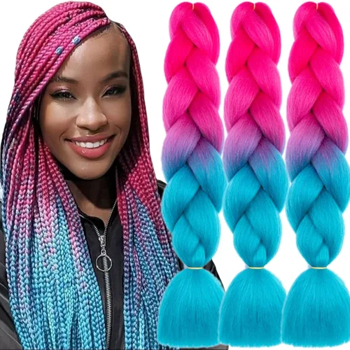 Vista 58 de 3 paquetes de extensiones de cabello sintético para trenzar de color negro a azul, tamaño jumbo ombré, de 24 pulgadas o trenzas de ganchillo