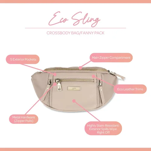Vista 2 de JuJuBe Bolso bandolera ecológico, riñonera negra de moda para mamás, adorable riñonera o cangurera cruzada, incluye 5 bolsillos y ranuras