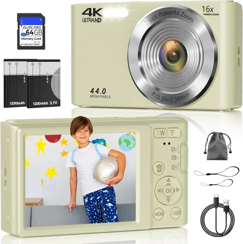 Vista 9 de Cámara digital, cámara digital FHD 4K con tarjeta SD de 64 GB, cámara digital de apuntar y disparar de 44 MP, zoom digital 16X, antivibraciones, 3
