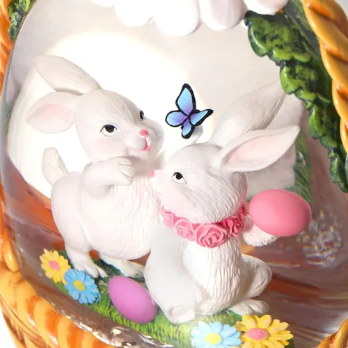 Vista 2 de Linterna de globo de nieve de Pascua, decoraciones de Pascua para el hogar con temporizador giratorio con purpurina, decoración de Pascua iluminada