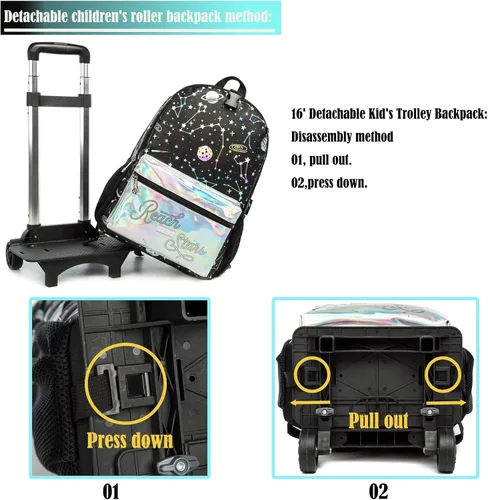 Vista 5 de Egchescebo Kids Rolling Kid Travel Toddler Duffle Bag Mochila desmontable para niñas Rosa, Negro-220223-1-L, Mochilas de viaje