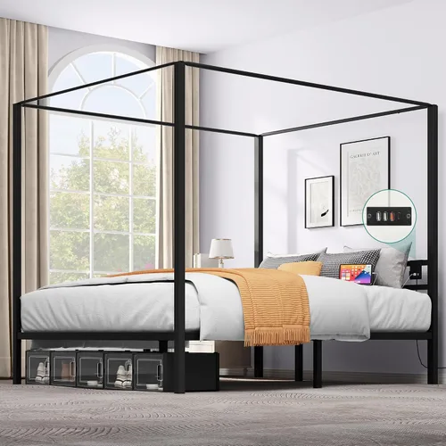 Vista 9 de YITAHOME Marco de cama de metal con dosel de cuatro pósteres, plataforma de cama de 14 pulgadas con cabecera incorporada, soporte de colchón