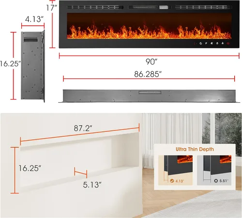 Vista 9 de Alohappy Chimenea eléctrica de 90 pulgadas 1500/750 W montado en la pared y construido calentador LED calentadores de habitación con control remoto