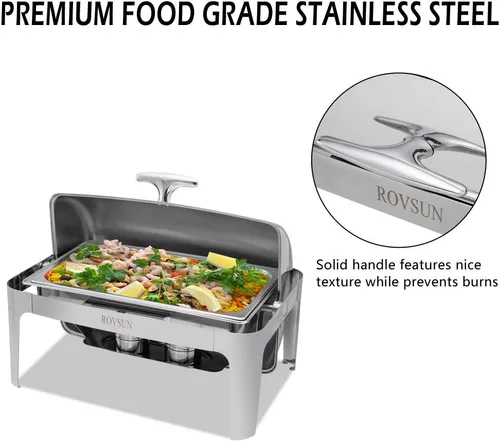 Vista 2 de ROVSUN Juego de bufé de platos para rozar platos de 9 cuartos de galón de acero inoxidable, juego rectangular NSF con bandeja para alimentos