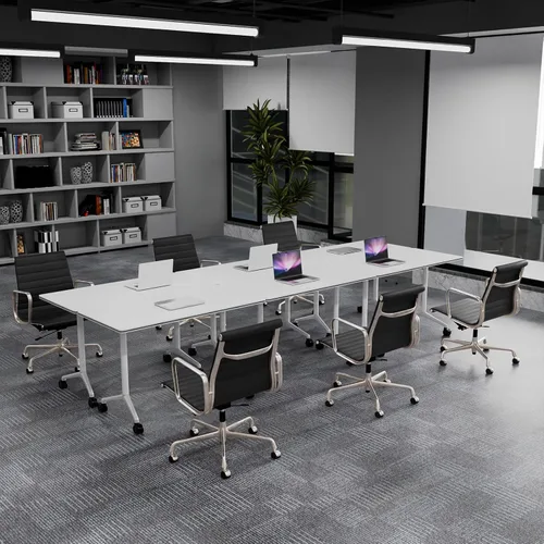 Vista 2 de Mesas de sala de conferencias blancas, mesa de conferencias rectangular plegable con ruedas para reuniones grandes, seminario en casa, oficina Blanco
